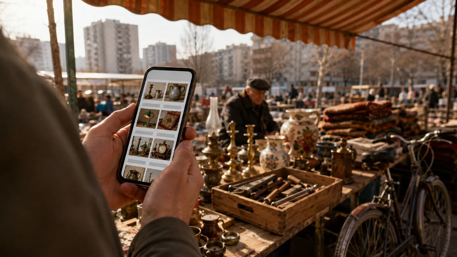 Ein Käufer auf einem Belgrader Flohmarkt scrollt durch Anzeigen auf dem Handy