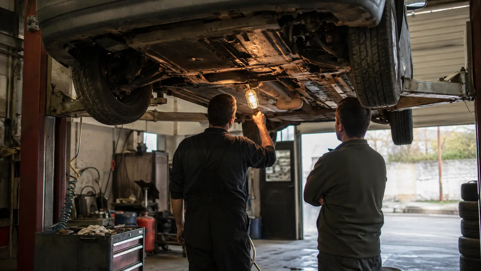 An independent inspection: the car on a lift while a mechanic lights up the underbody