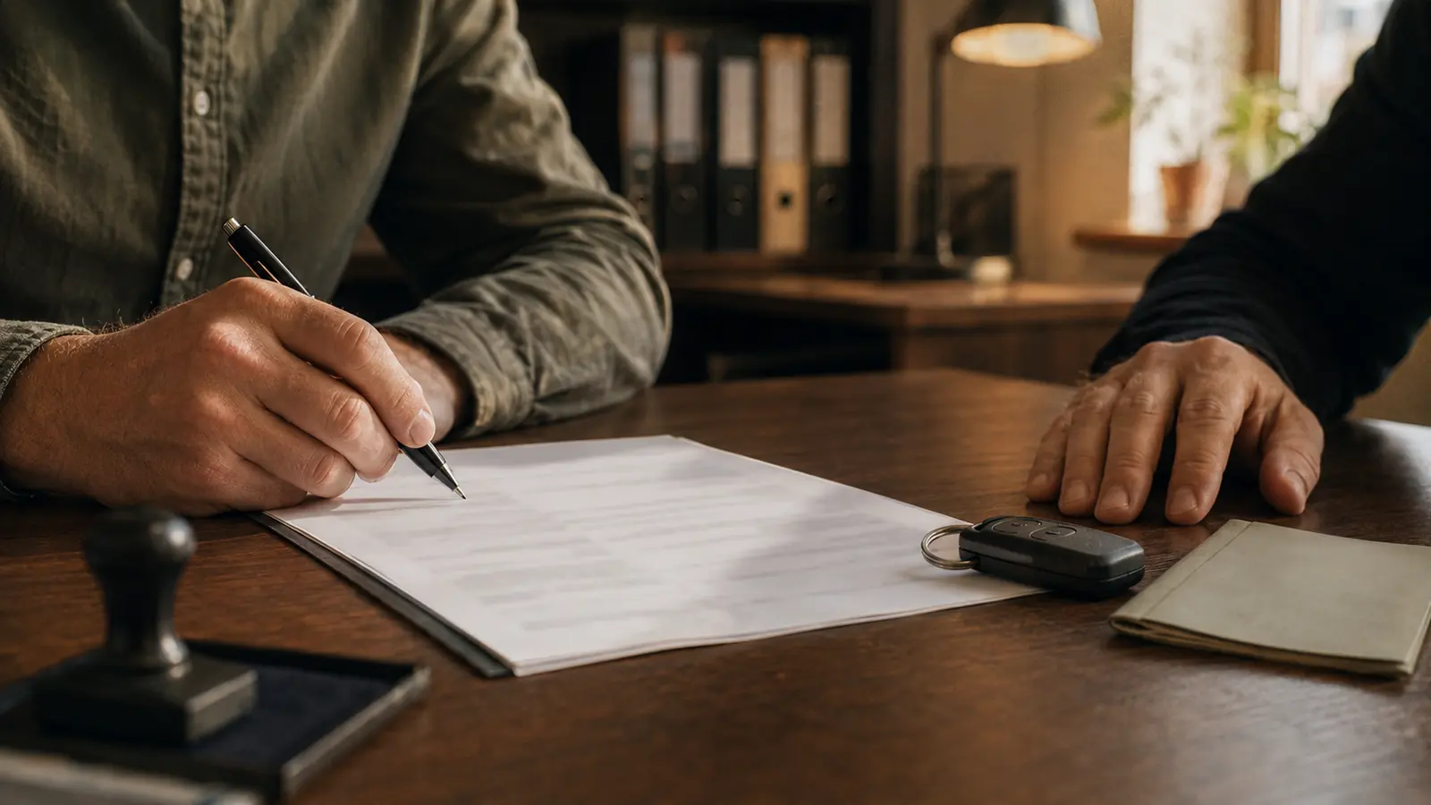 Signing the sale contract at a notary: a pen over the papers and car keys on the desk