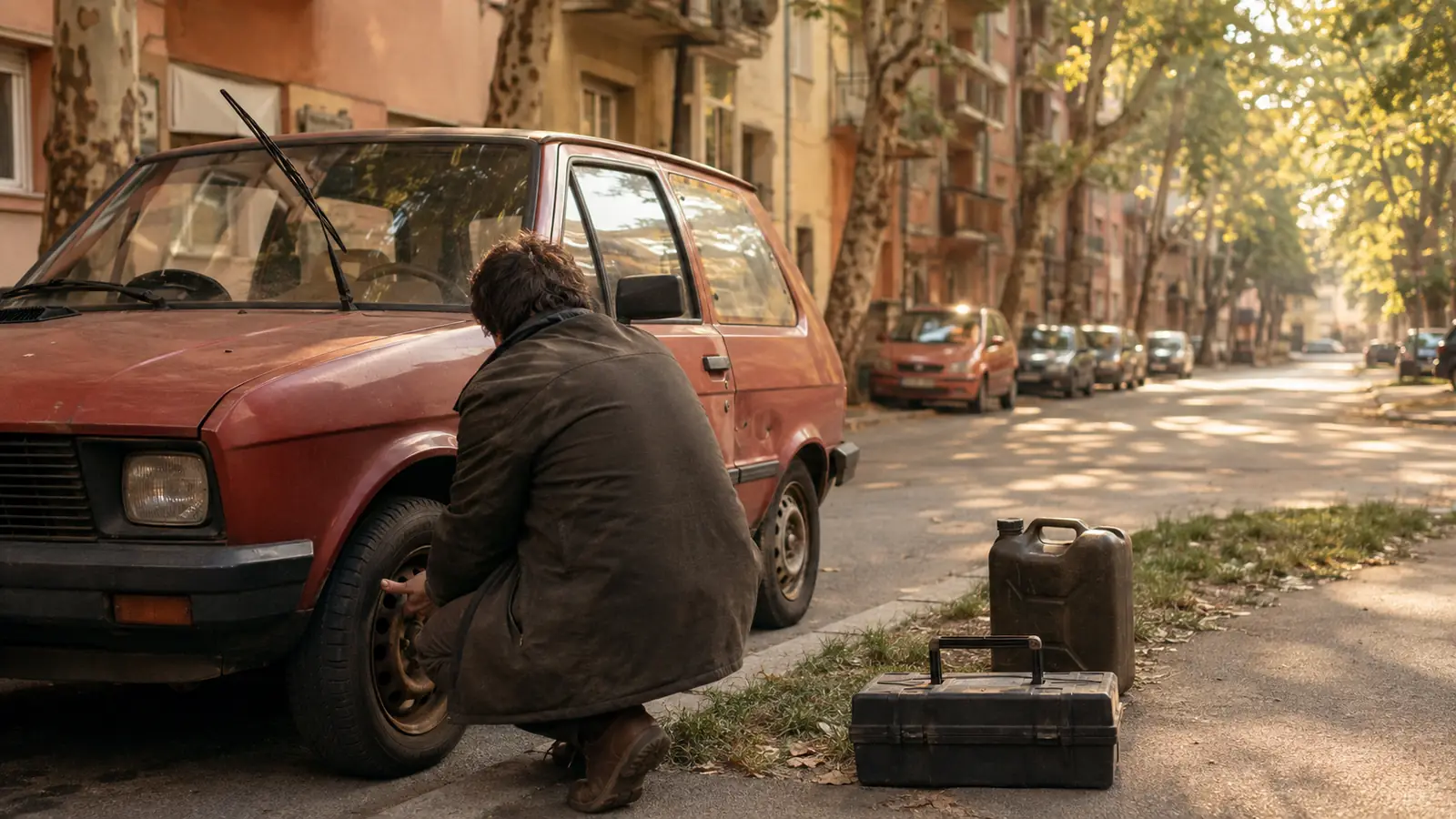 The cost of ownership: an owner checking the tyre tread of an old hatchback on a Belgrade street