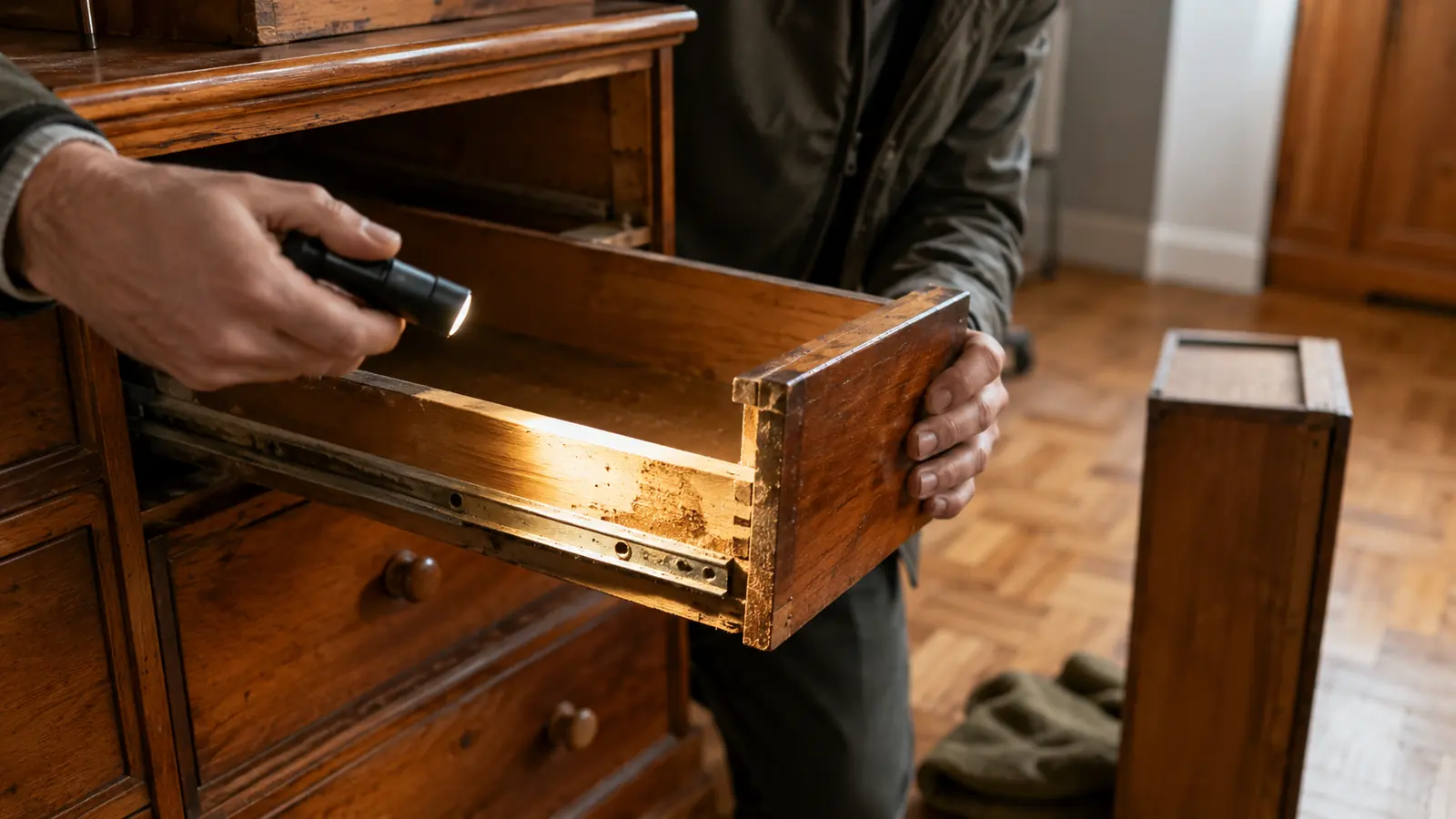 Checking a chest of drawers before buying: a drawer pulled fully out, the runners lit by a flashlight
