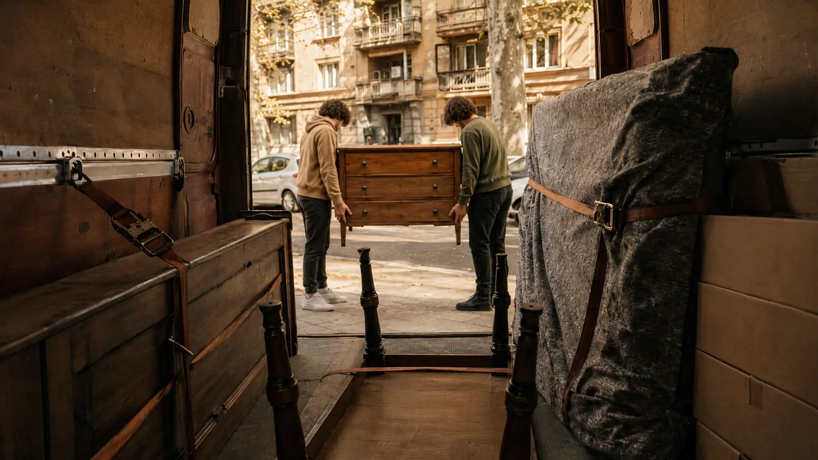 Loading furniture into a van: a chest carried to the vehicle, everything strapped down inside