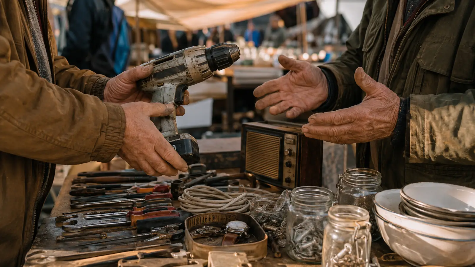 Feilschen auf einem Flohmarkt in Chișinău: ein Käufer prüft einen gebrauchten Akkuschrauber