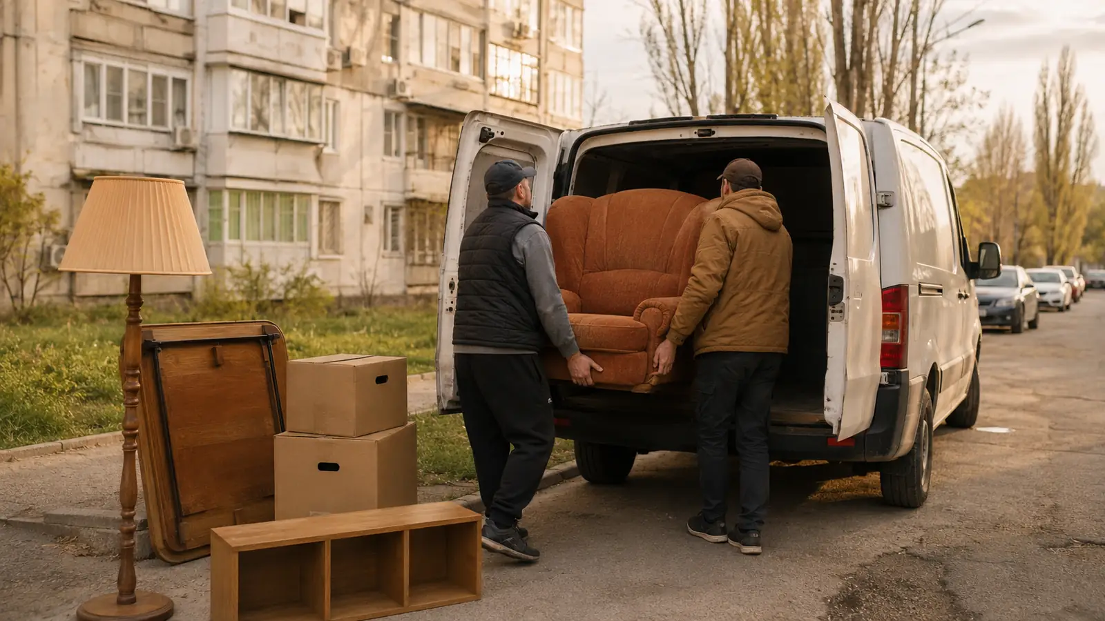 Verkaufte Möbel werden vor einem Plattenbau in Chișinău in einen Transporter geladen