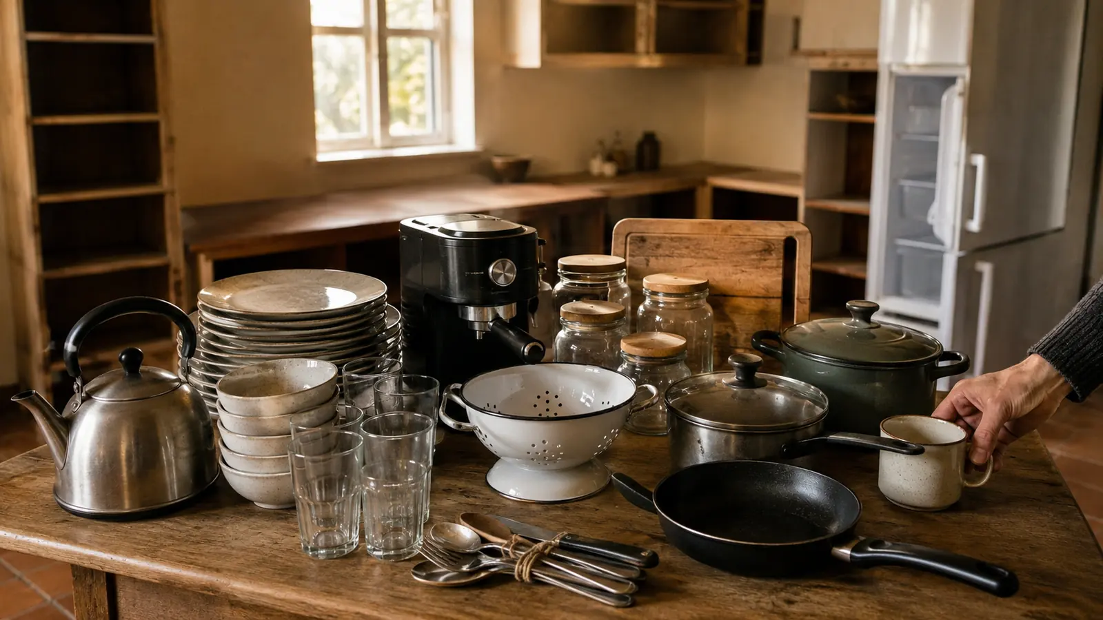 Die ganze Küche als ein Posten auf dem Tisch: Geschirr, Töpfe, Wasserkessel und Kaffeemaschine