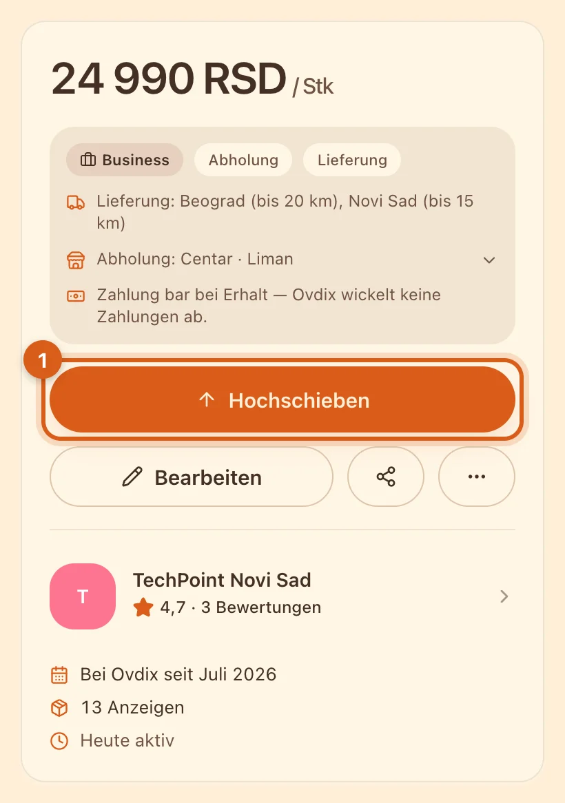 Schaltfläche „Hochschieben“ auf der Seite der eigenen Anzeige