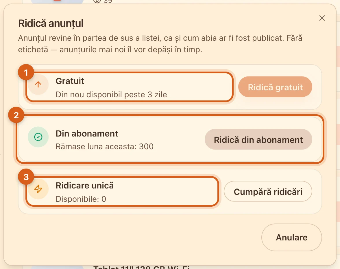 Fereastra „Ridică anunțul”