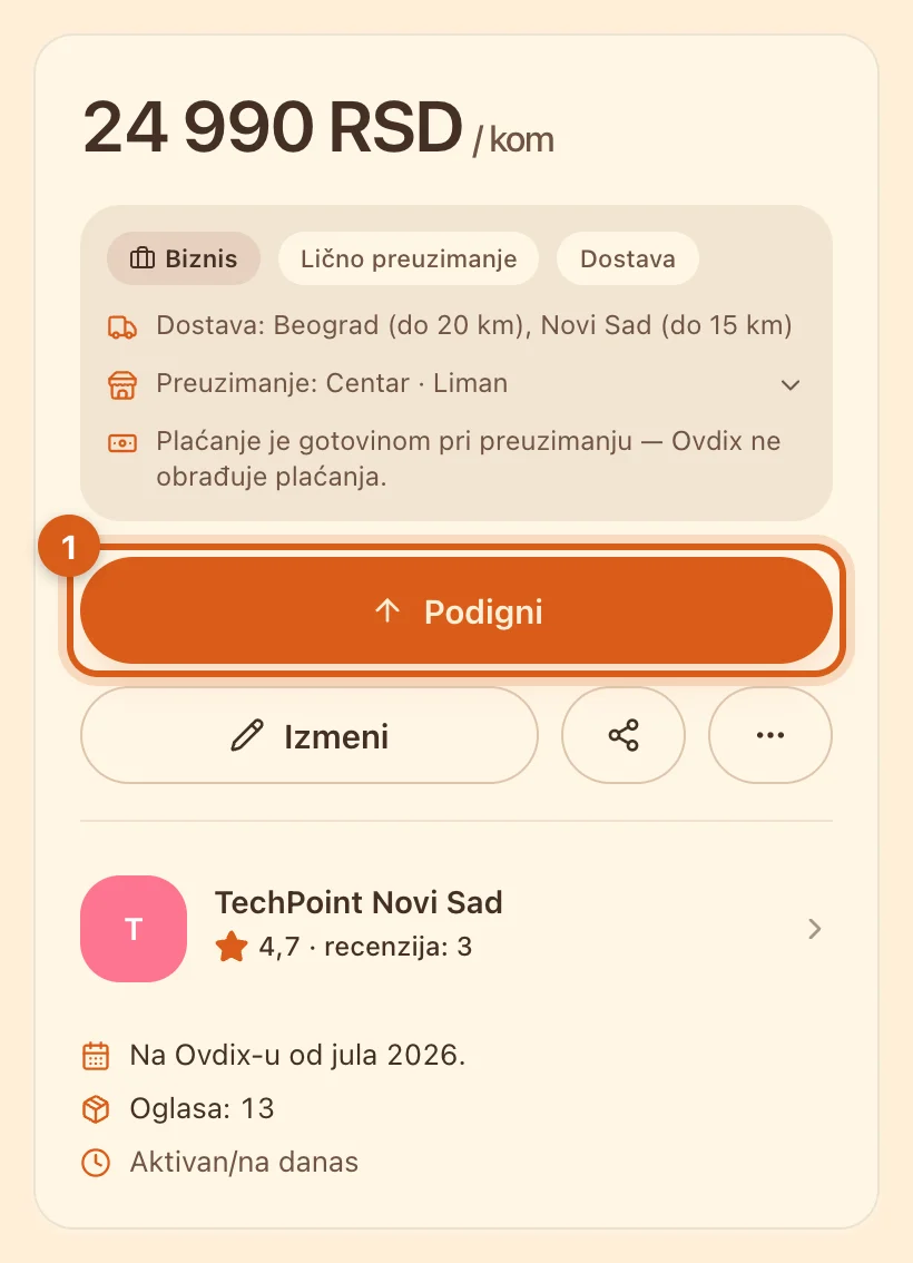 Dugme „Podigni“ na stranici sopstvenog oglasa