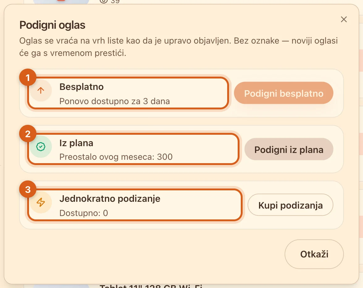 Prozor „Podigni oglas“