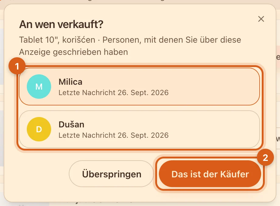 Fenster „An wen verkauft?“