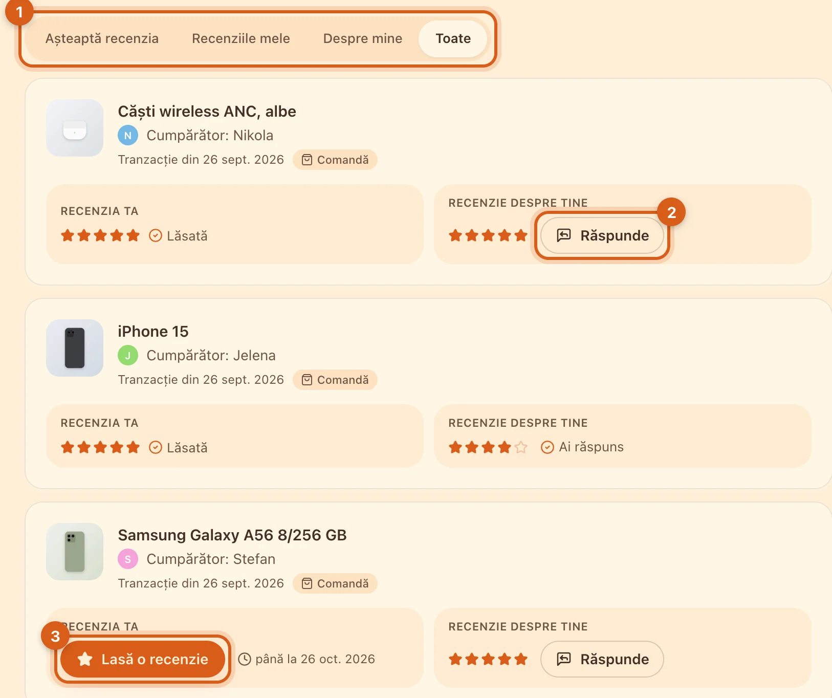 Secțiunea „Tranzacții și recenzii”
