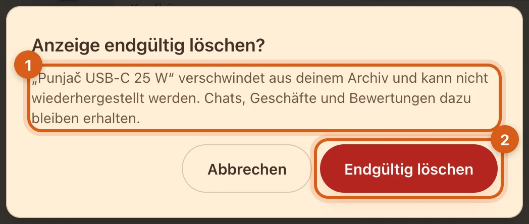 Dialog „Anzeige endgültig löschen?“