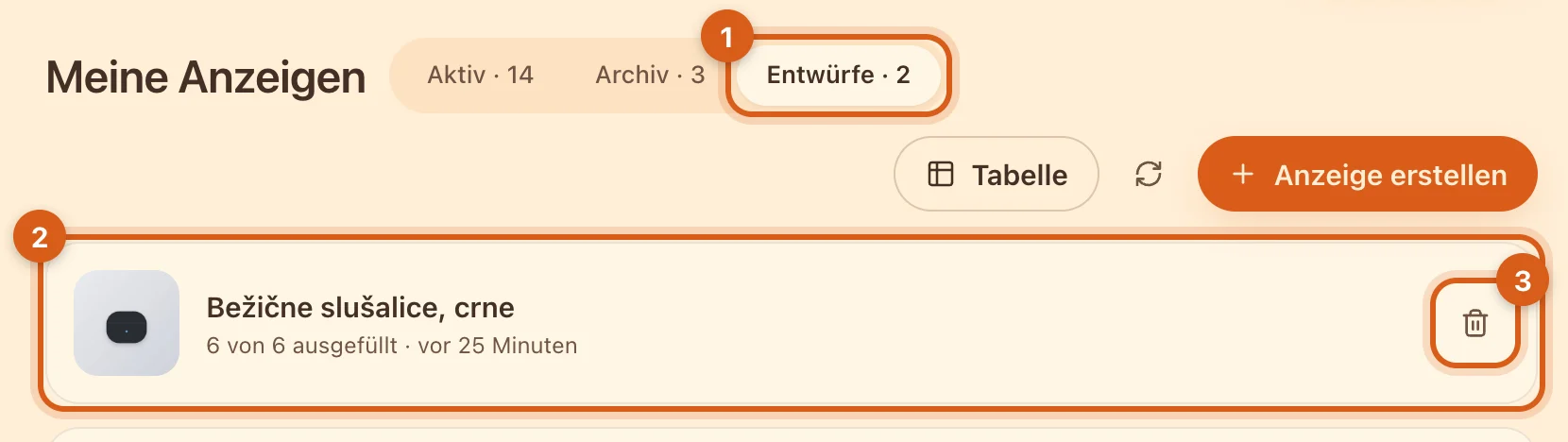 Tab „Entwürfe“ in „Meine Anzeigen“