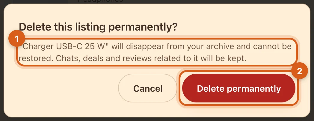 The “Delete this listing permanently?” dialog