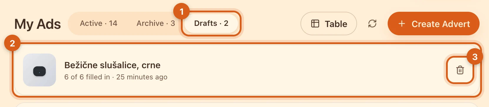 The “Drafts” tab in “My Ads”