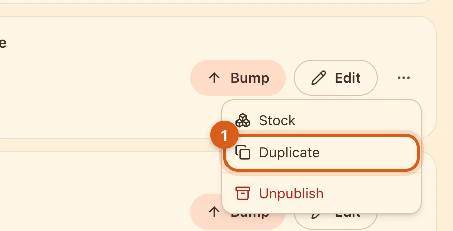 The “Duplicate” item in the listing menu