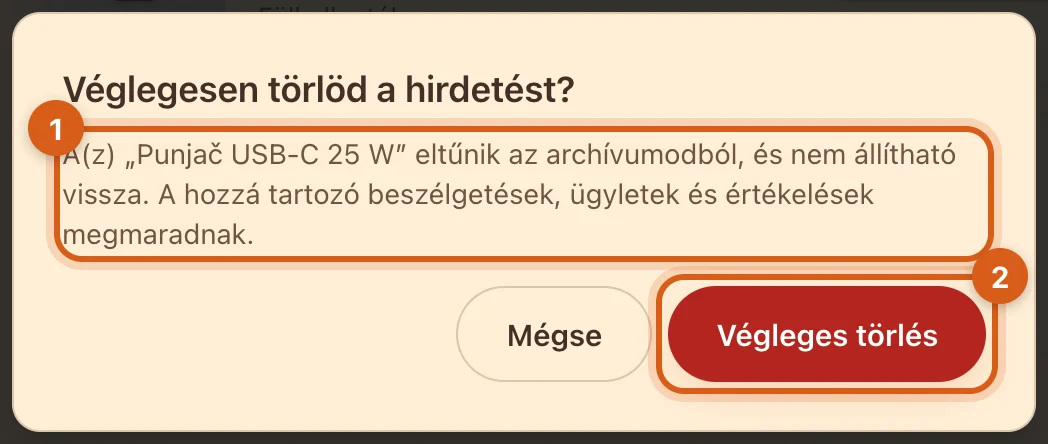 „Véglegesen törlöd a hirdetést?” párbeszédablak
