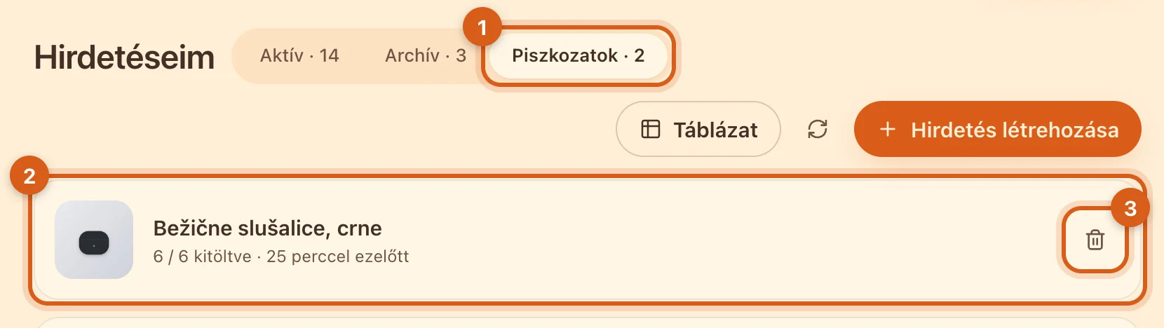 „Piszkozatok” fül a „Hirdetéseim” oldalon
