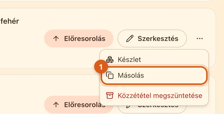 „Másolás” menüpont a hirdetés menüjében