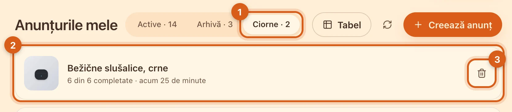 Fila „Ciorne” din „Anunțurile mele”