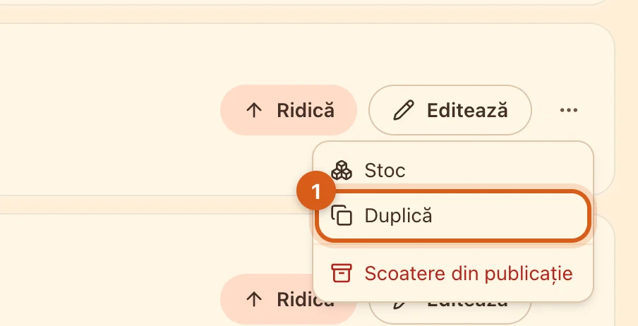 Opțiunea „Duplică” din meniul anunțului
