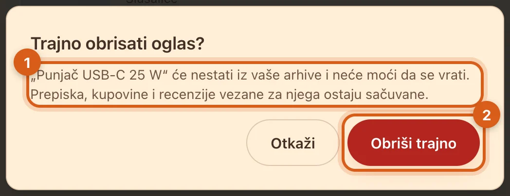 Dijalog „Trajno obrisati oglas?“