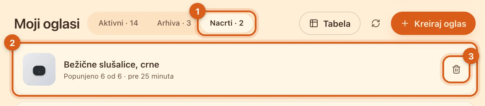 Kartica „Nacrti“ u „Mojim oglasima“