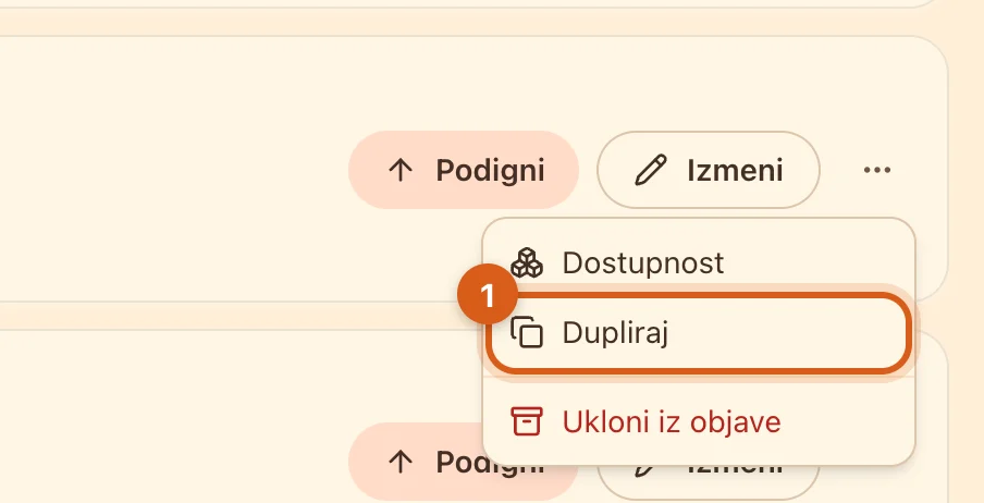 Stavka „Dupliraj“ u meniju oglasa