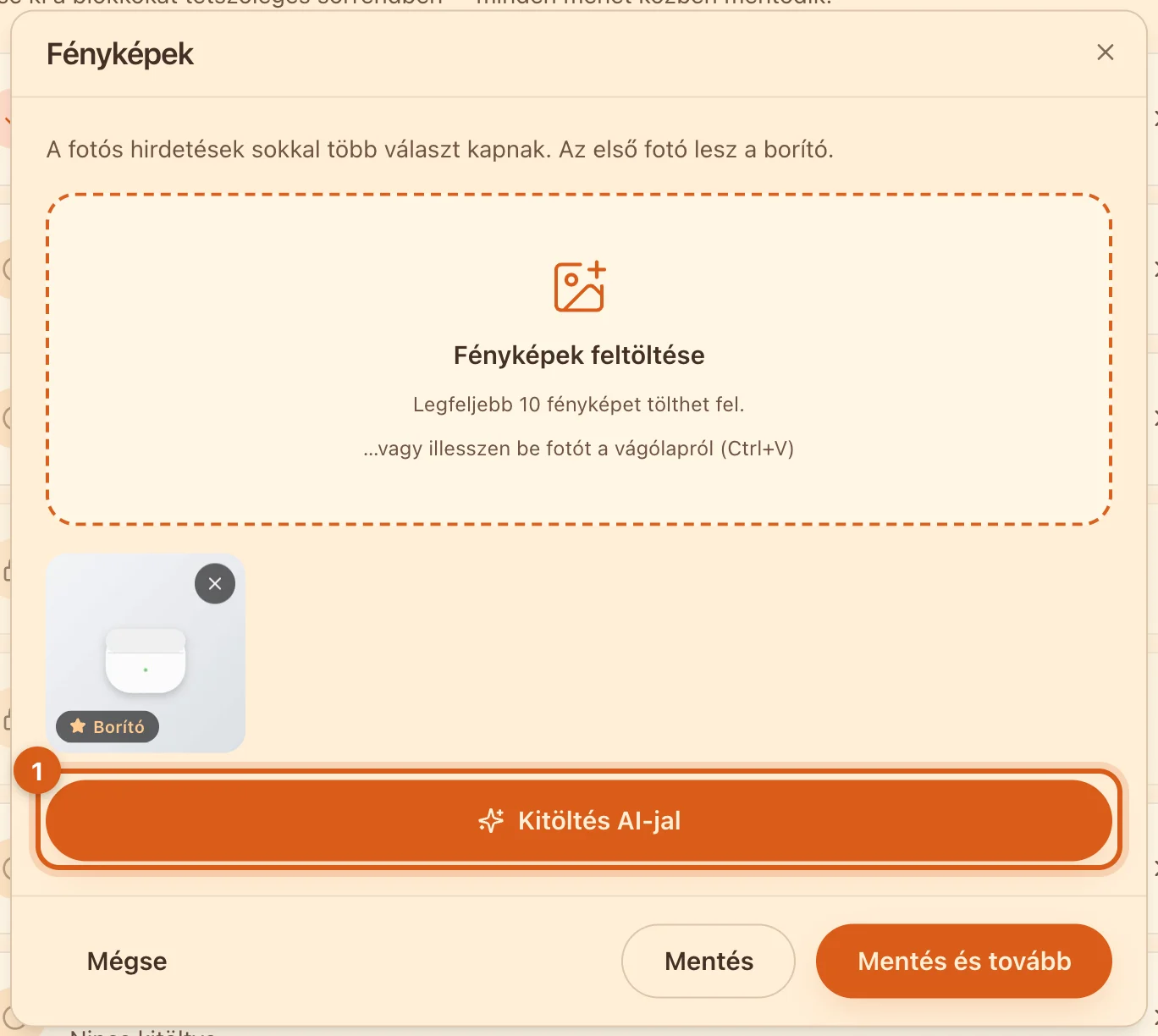 „Kitöltés AI-jal” gomb a fotó feltöltése után