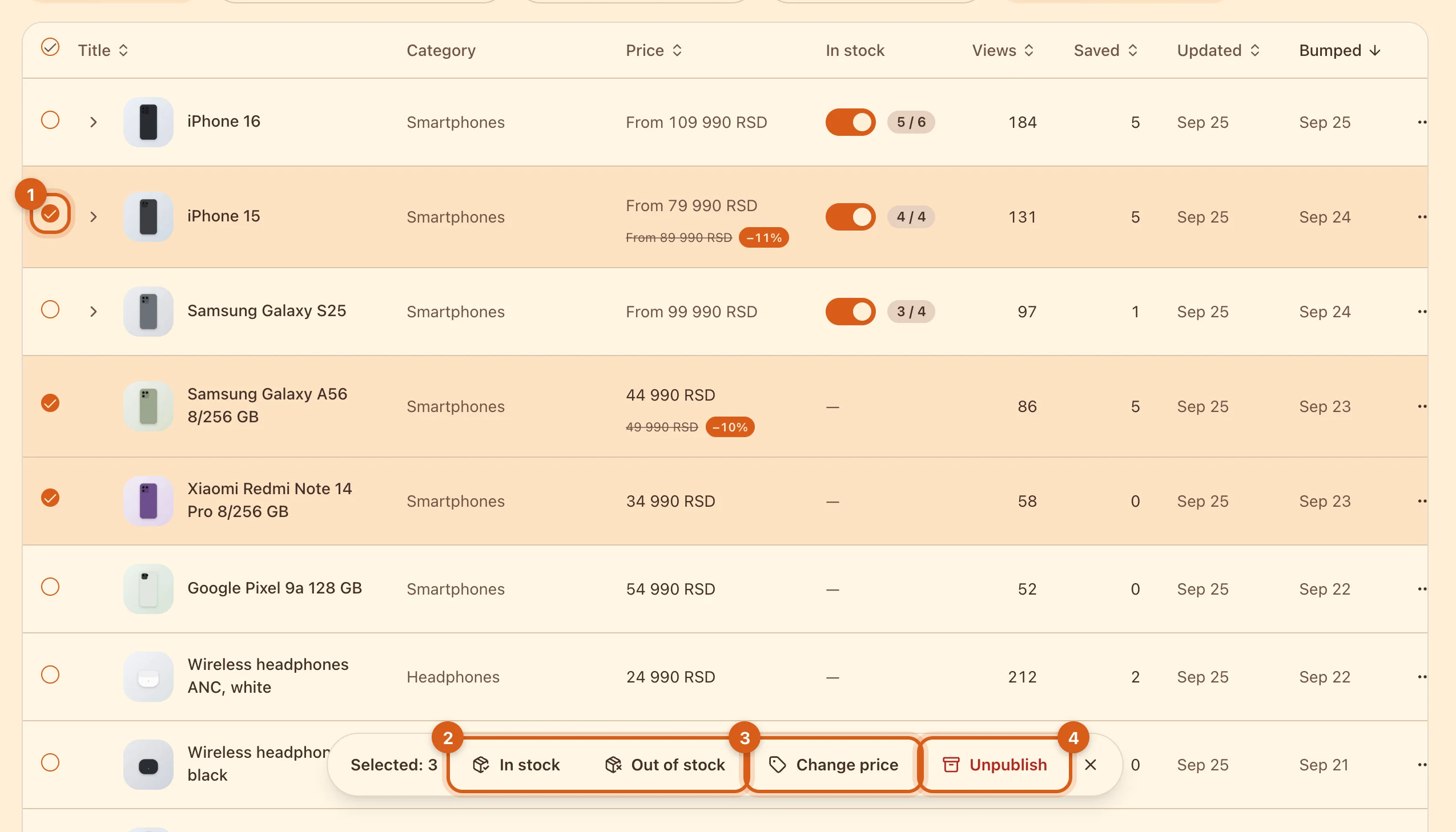 Ticked rows and the bulk actions panel