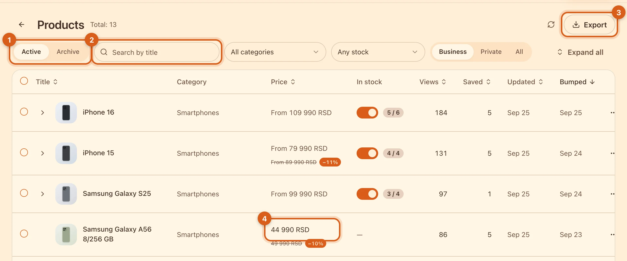 The “Products” table: tabs, search, export and price
