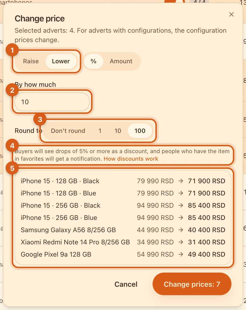 The change price dialog with a preview