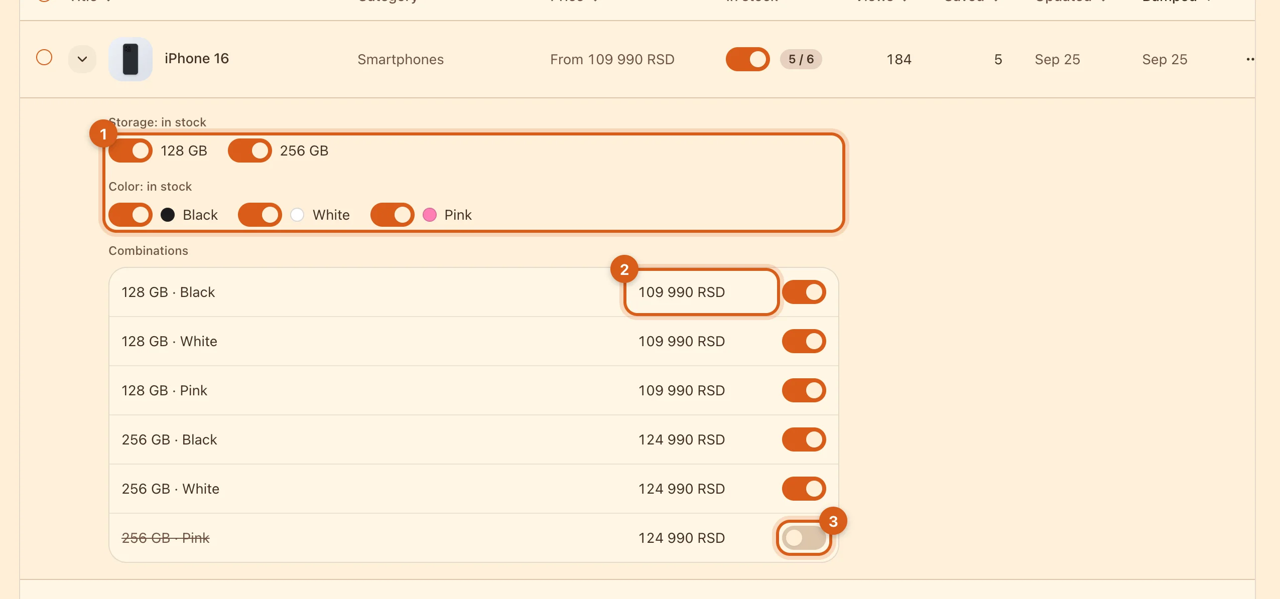 An expanded row with configurations