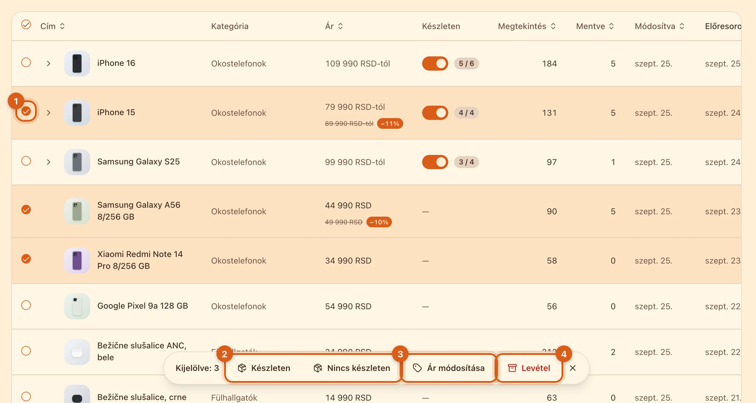 Kijelölt sorok és a tömeges műveletek sávja