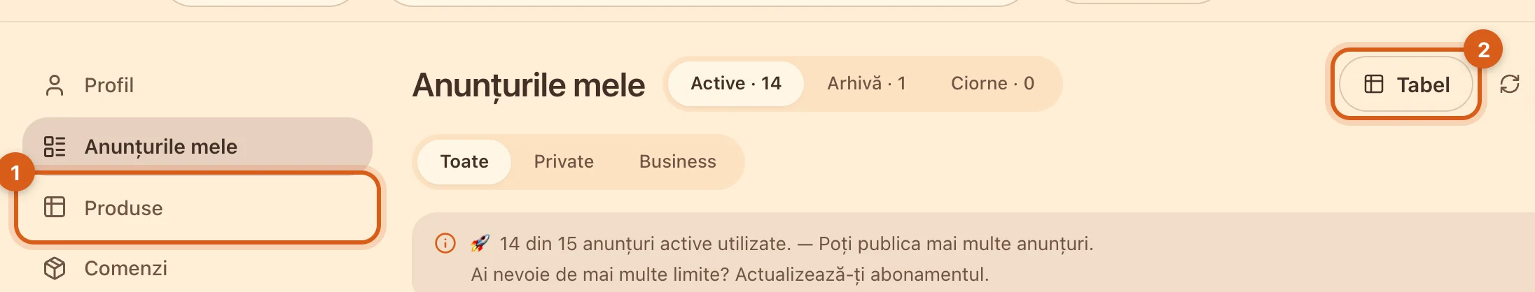 Unde deschizi tabelul „Produse”