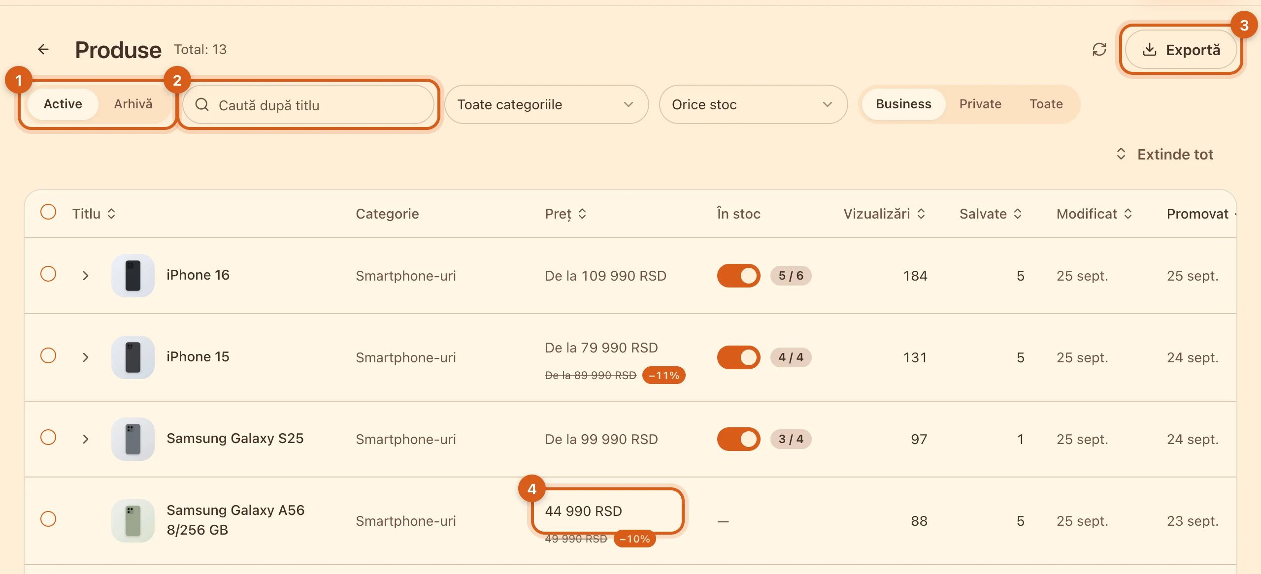 Tabelul „Produse”: file, căutare, export și preț