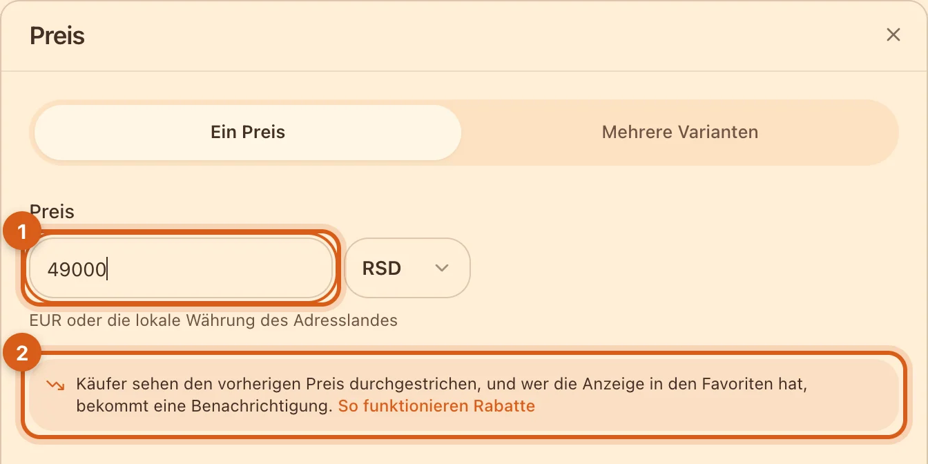 Rabatt-Hinweis im Preiseditor