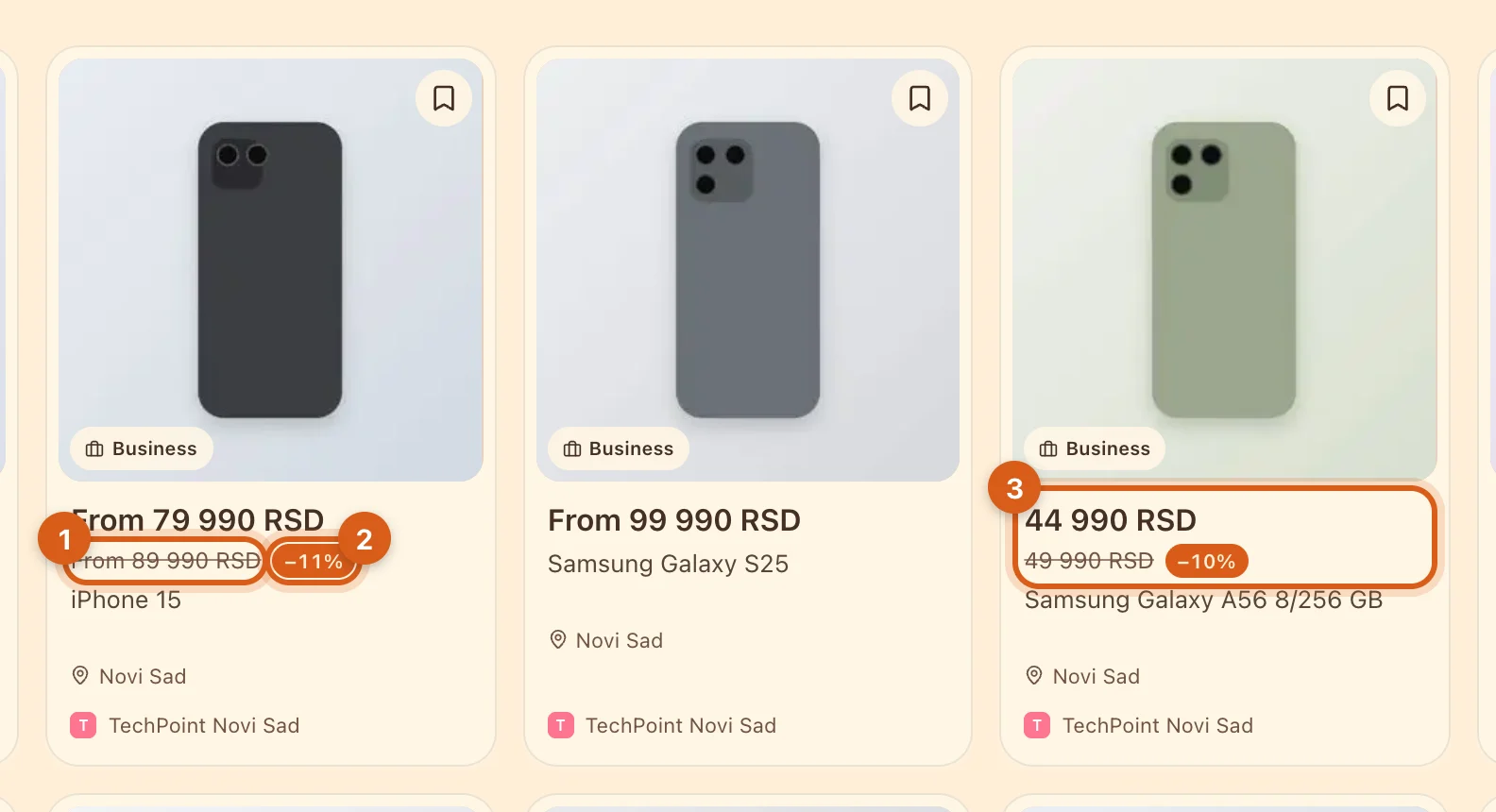 Discounted cards in the feed