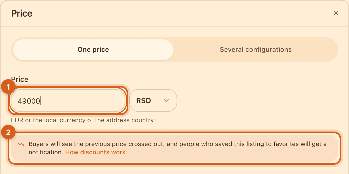 The discount hint in the price editor