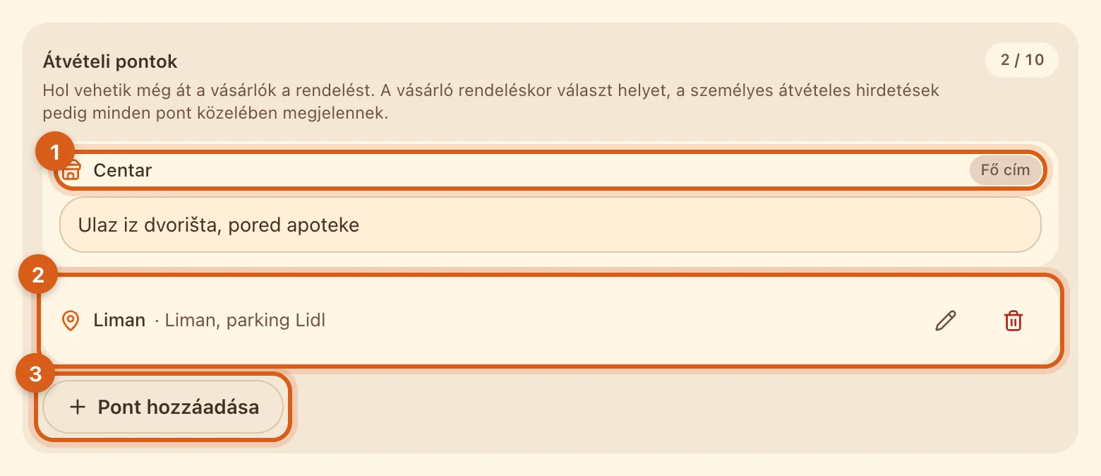 „Átvételi pontok” blokk
