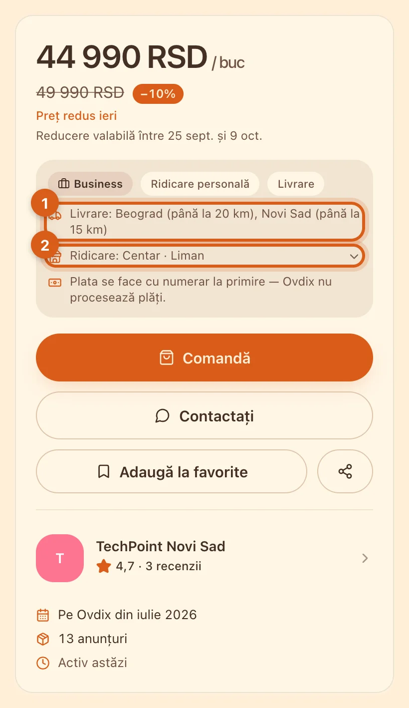 Livrarea și ridicarea pe pagina anunțului