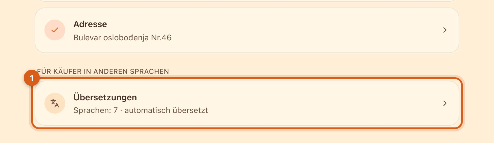 Karte „Übersetzungen“ im Anzeigeneditor