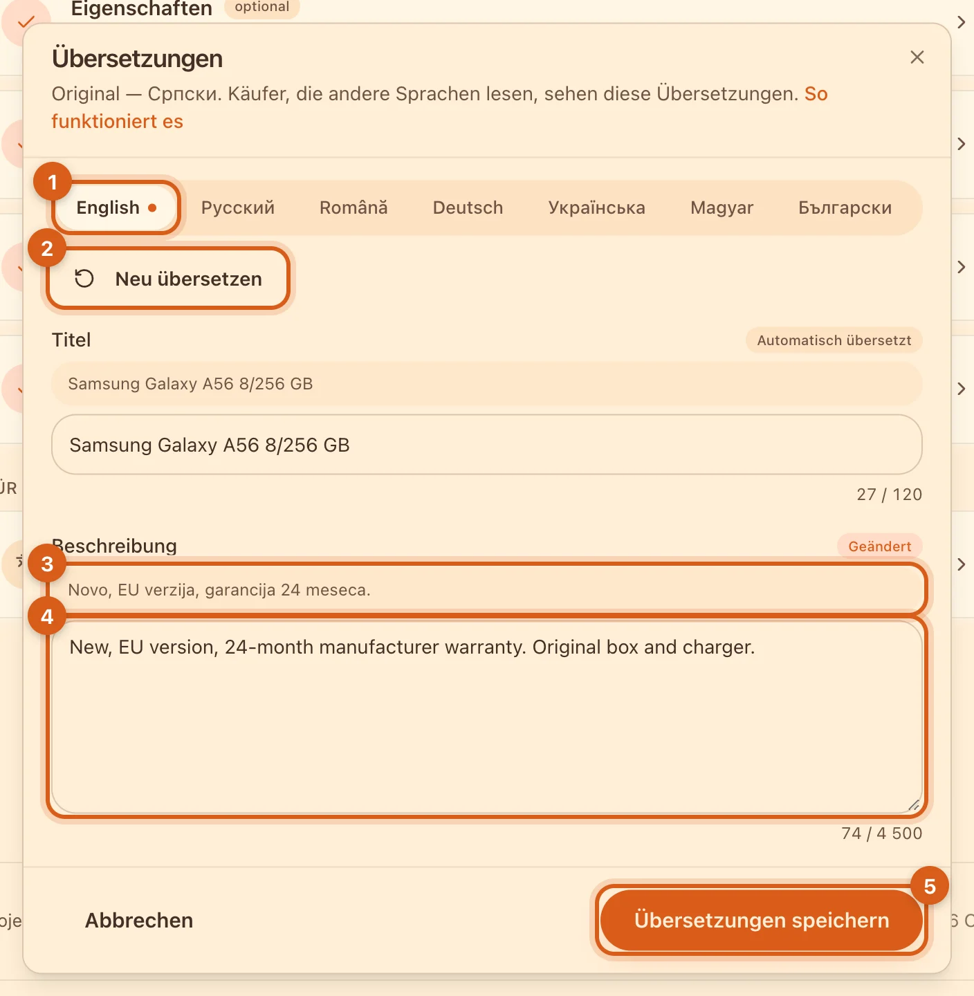 Fenster „Übersetzungen“ mit geänderter Beschreibung