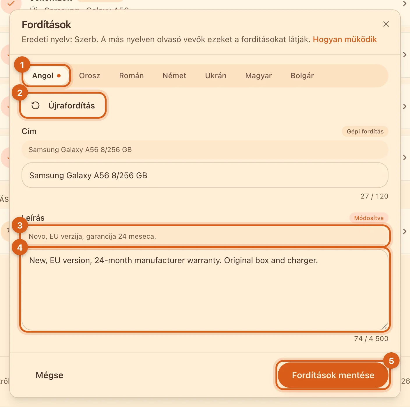 „Fordítások” ablak a leírás javításával