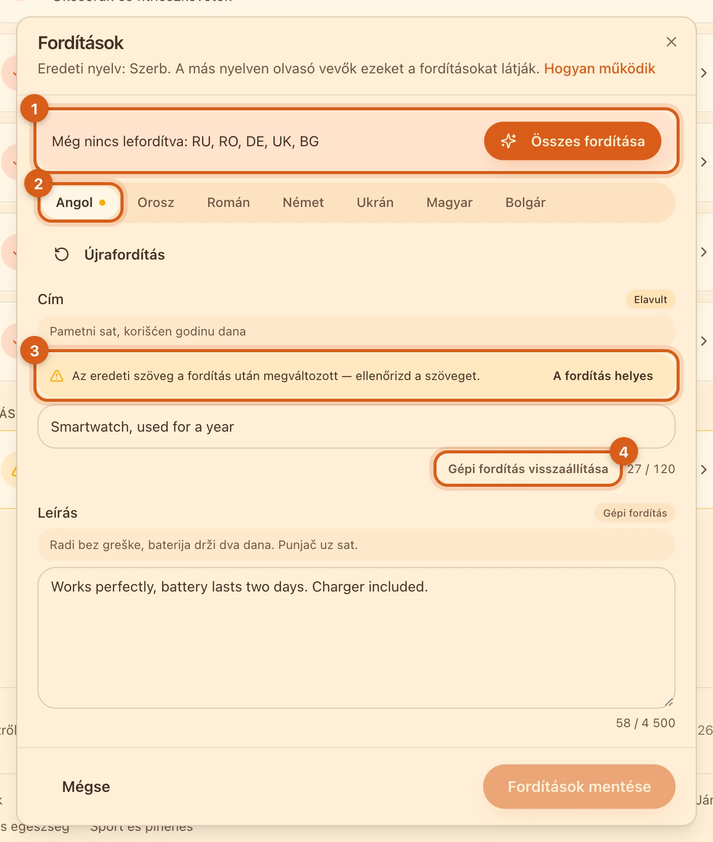 Elavult fordítás a „Fordítások” ablakban