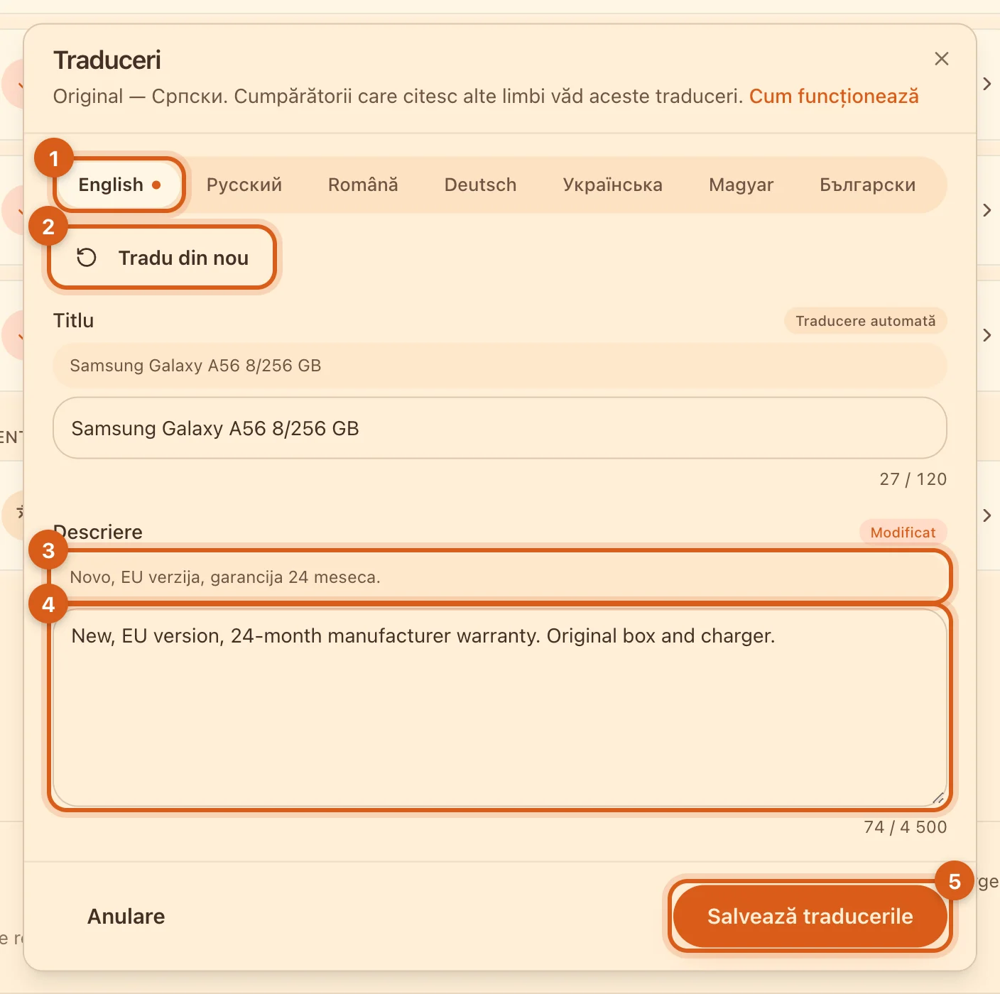 Fereastra „Traduceri” cu descrierea modificată