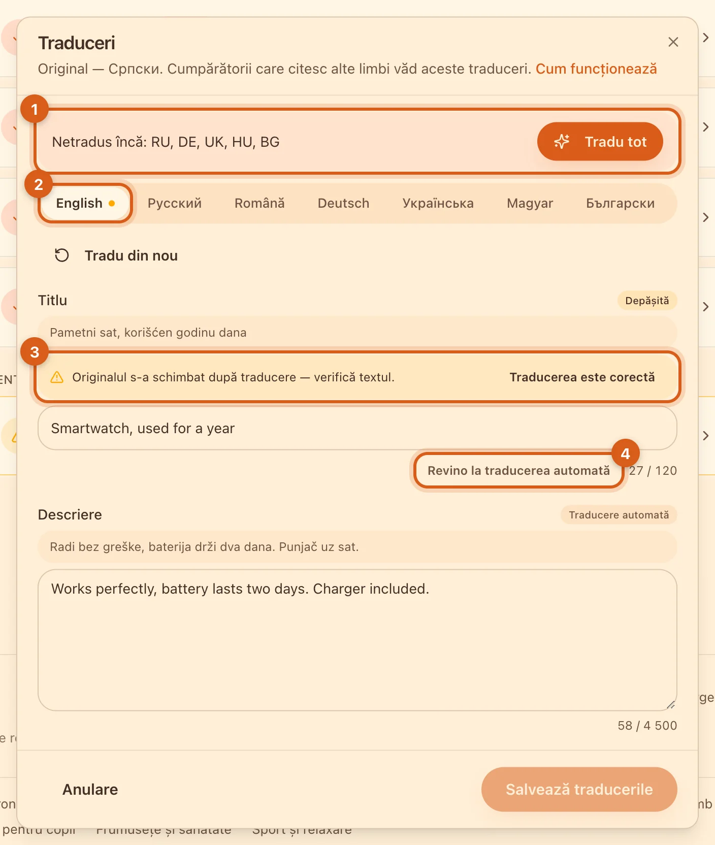 Traducere depășită în fereastra „Traduceri”