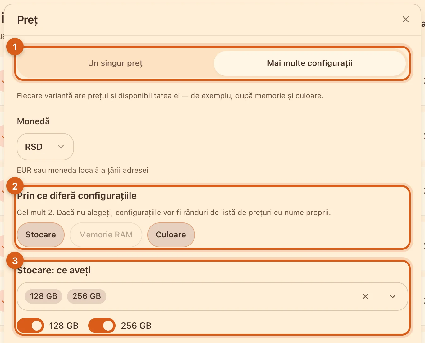Blocul „Preț” cu configurații